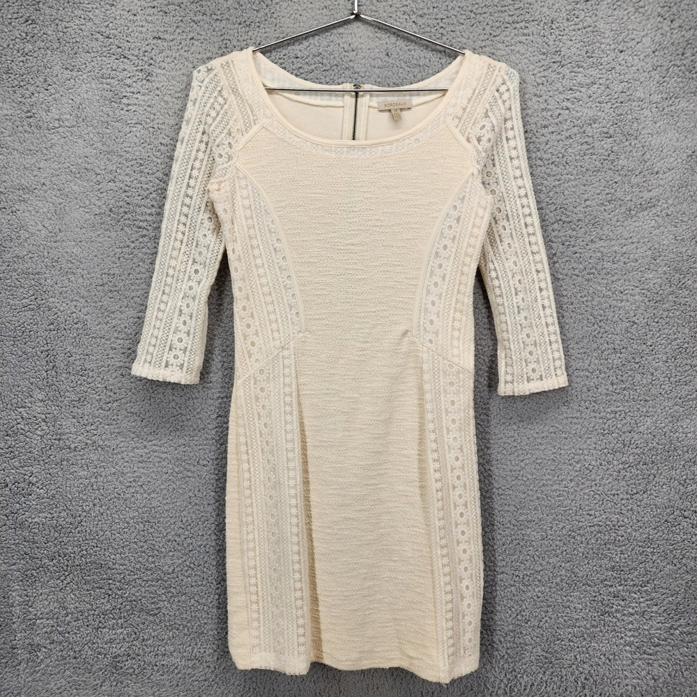 Bordeaux Cream Lace Panel Sheath Dress Womens Small Textured 3/4 Sleeve Mini
